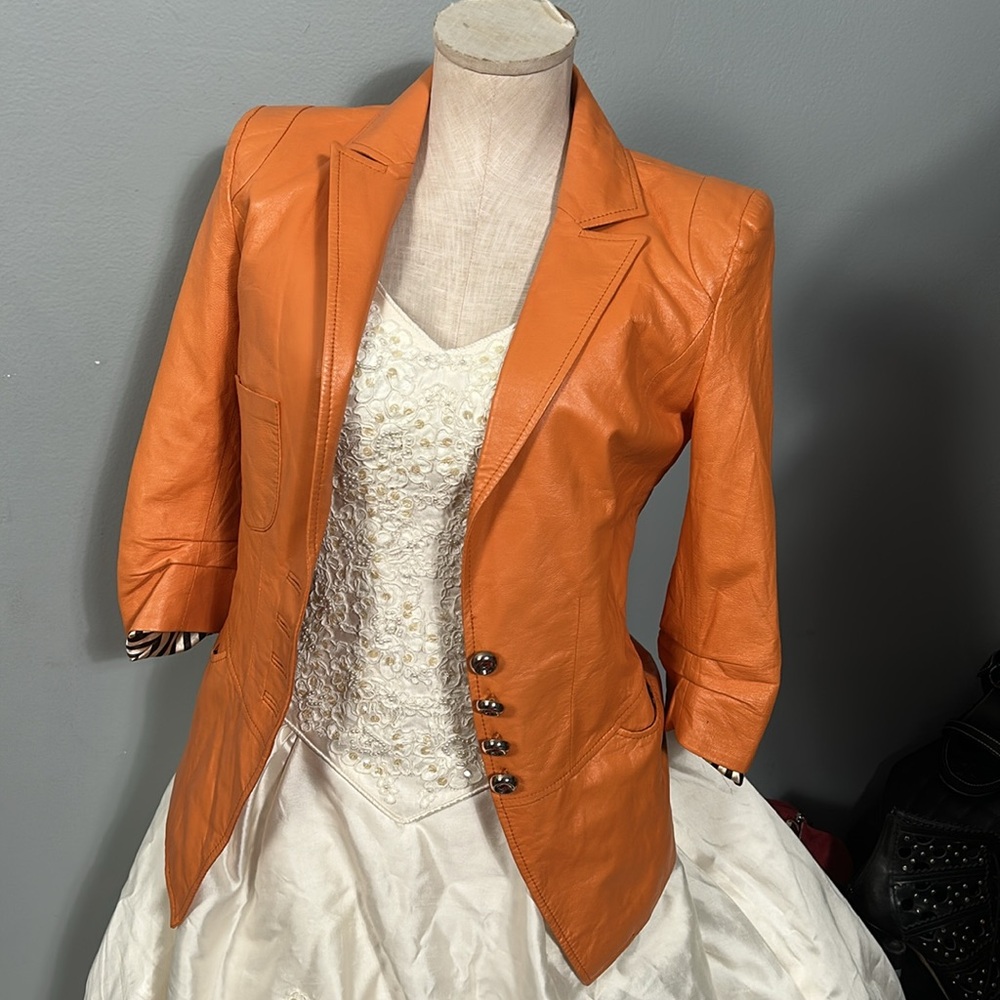 Aodier Orange Leather Women's Jacket size 40 XS to S - Picture 2 of 16